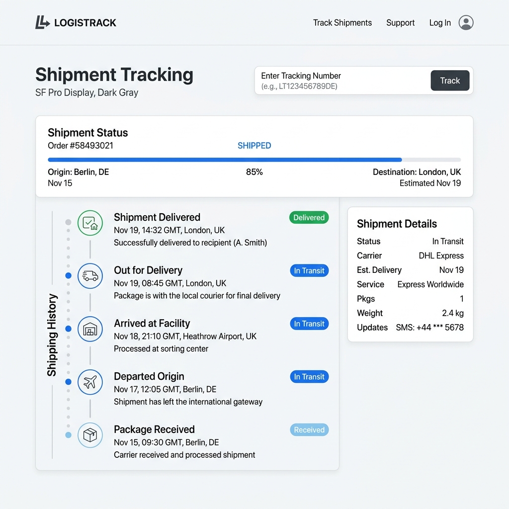 Portal de tracking público LiveComex con timeline de eventos